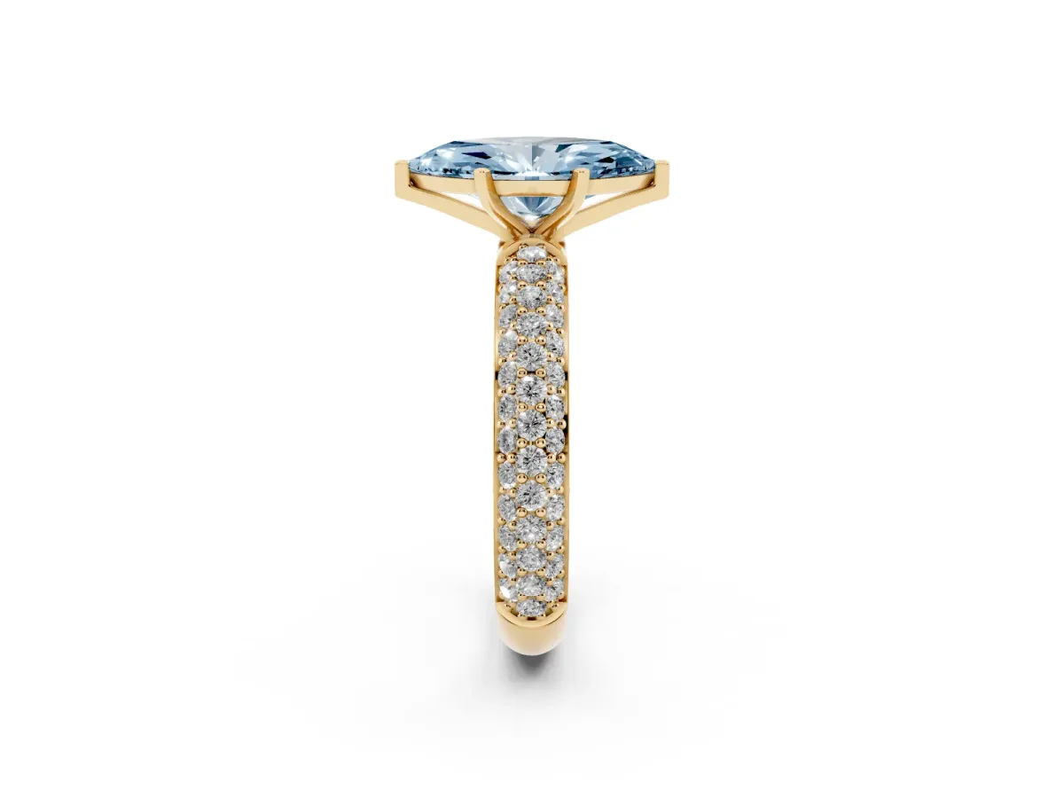 Fancy Blue Marquise Cut Diamond Solitaire Ring with Prong Setting and Pavé Band Yellow gold