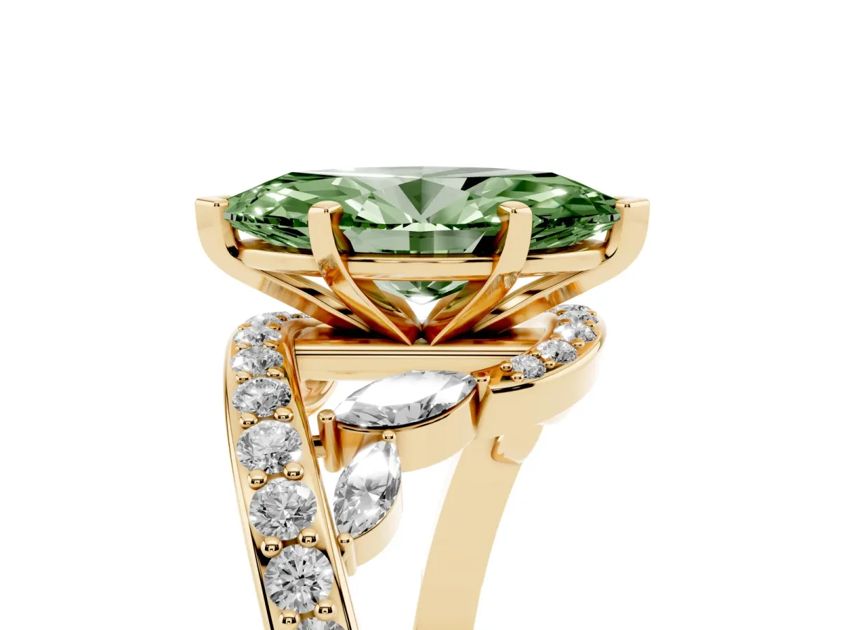 Fancy Green Marquise Cut Solitaire with Pavé Twist Band and Four-Prong Setting Yellow gold