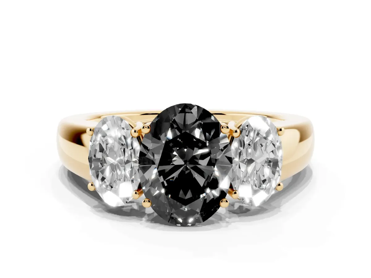 Fancy Black Three-Stone Oval Cut Cut Diamond Ring with Prong Setting and Classic Band Yellow gold