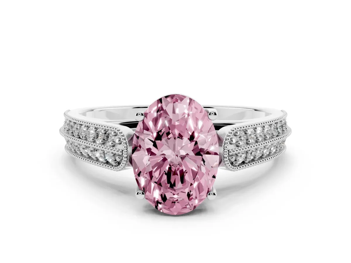 Fancy Pink Oval Cut Cut Pave Split Shank Engagement Ring with Four-Prong Setting White gold