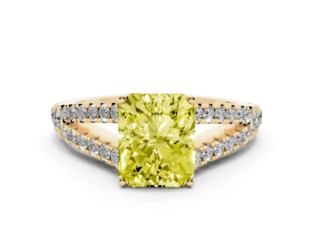 Fancy Yellow Radiant Cut Diamond Split Shank Pavé Engagement Ring with Four-Prong Setting Yellow gold