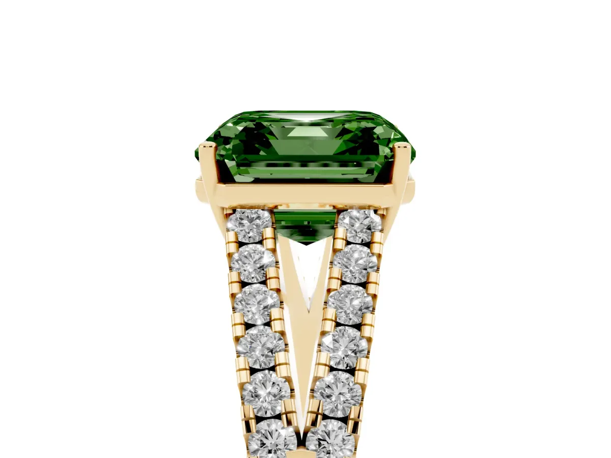 Fancy Green Asscher Cut Diamond Split Shank Pavé Engagement Ring with Four-Prong Setting Yellow gold