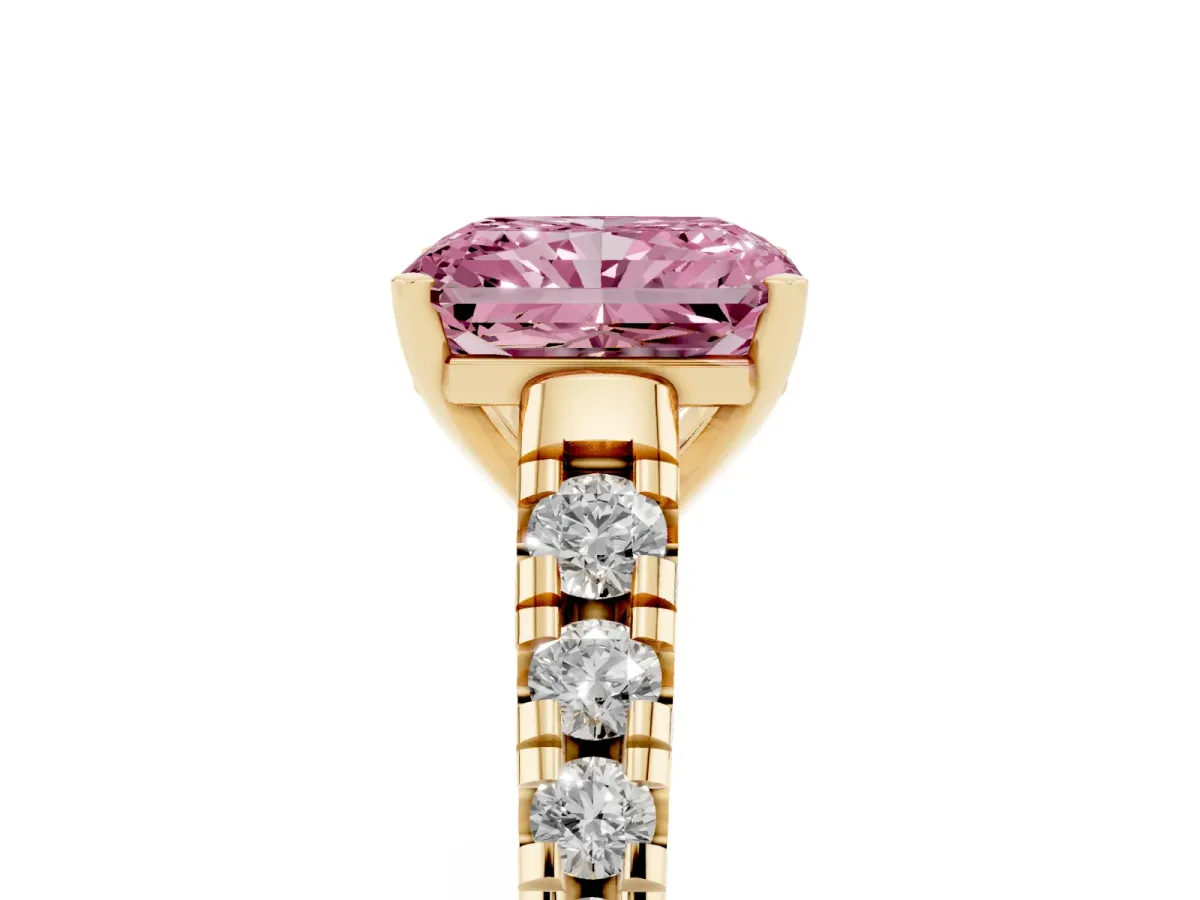 Fancy Pink Radiant Cut Diamond Cathedral Solitaire Ring with Round Pavé Band Yellow gold