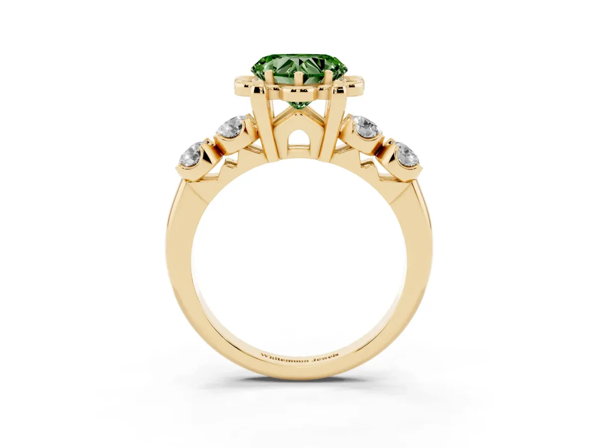 Fancy Green Heart Cut Cut Diamond Floral Halo Engagement Ring with Shared Prong Setting Yellow gold