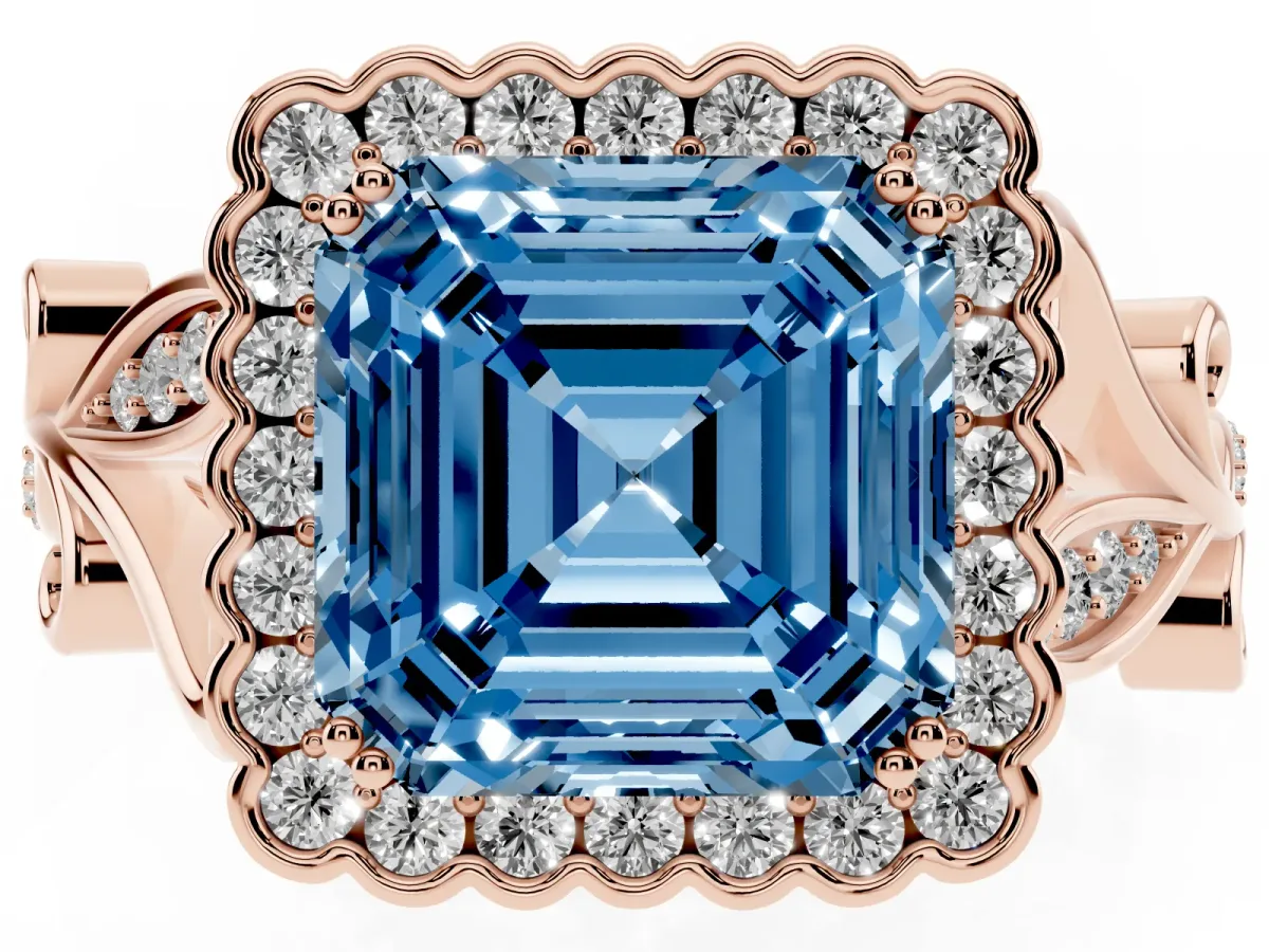 Fancy Blue Asscher Cut Diamond Halo Ring with Vintage Split Shank and Four-Prong Setting Rose gold