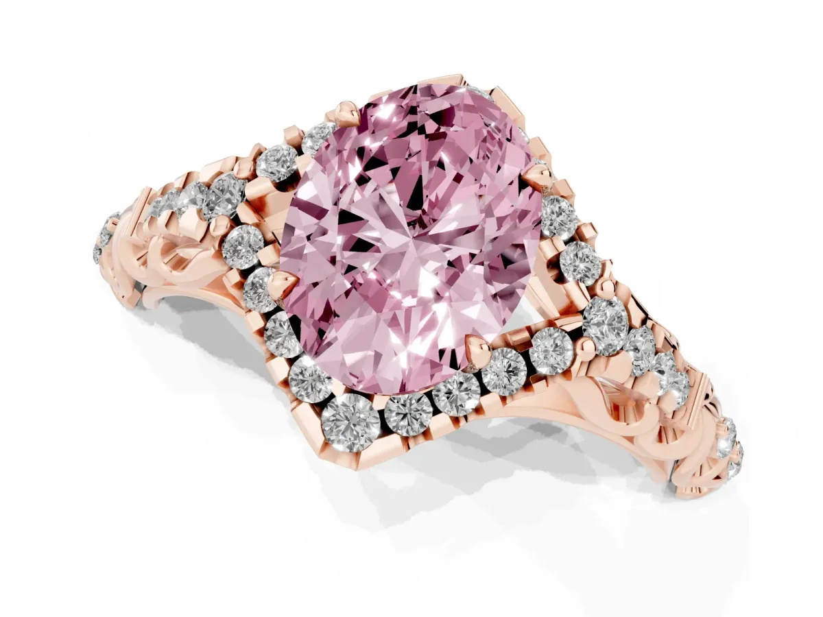 Fancy Pink Oval Cut Diamond Solitaire Ring with Hidden Halo and Pavé Band Rose gold