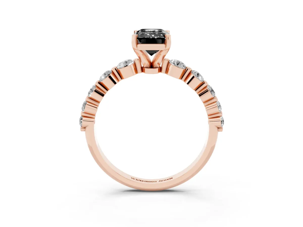 Fancy Black Emerald Cut Solitaire Diamond Ring with Pave Band and Four-Prong Setting Rose gold