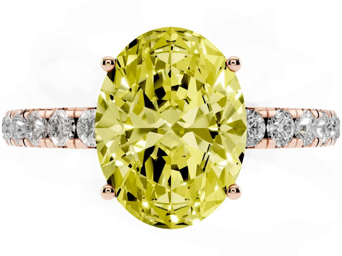 Fancy Yellow Oval Cut Diamond Pavé Solitaire Engagement Ring with Four-Prong Setting Rose gold