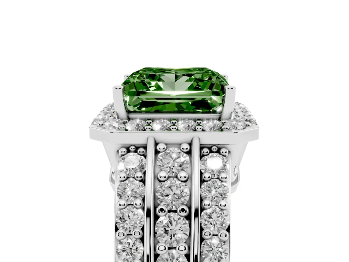 Fancy Green Princess Cut Halo Diamond Ring with Round Split Shank and Prong Setting Silver