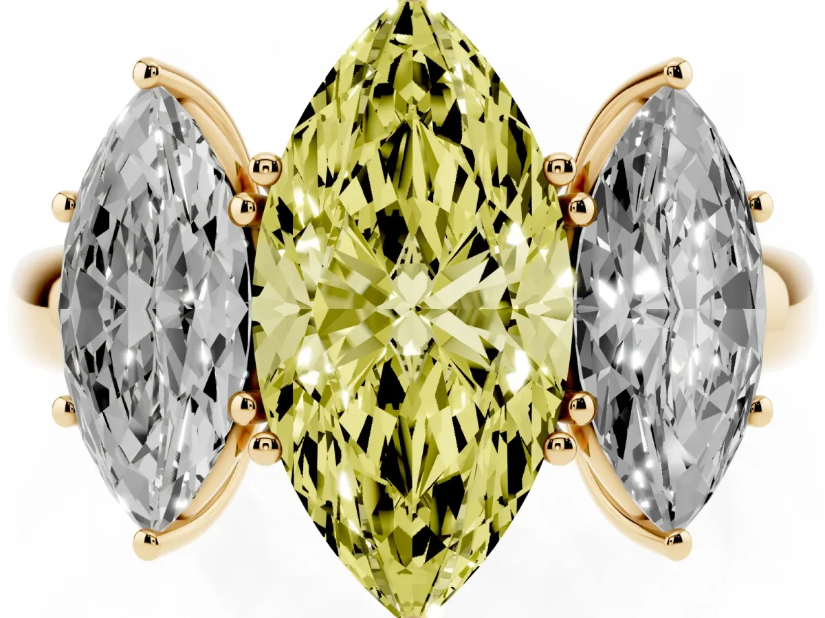 Fancy Yellow Marquise Cut Diamond Three-Stone Ring with Four-Prong Setting and Classic Band Yellow gold