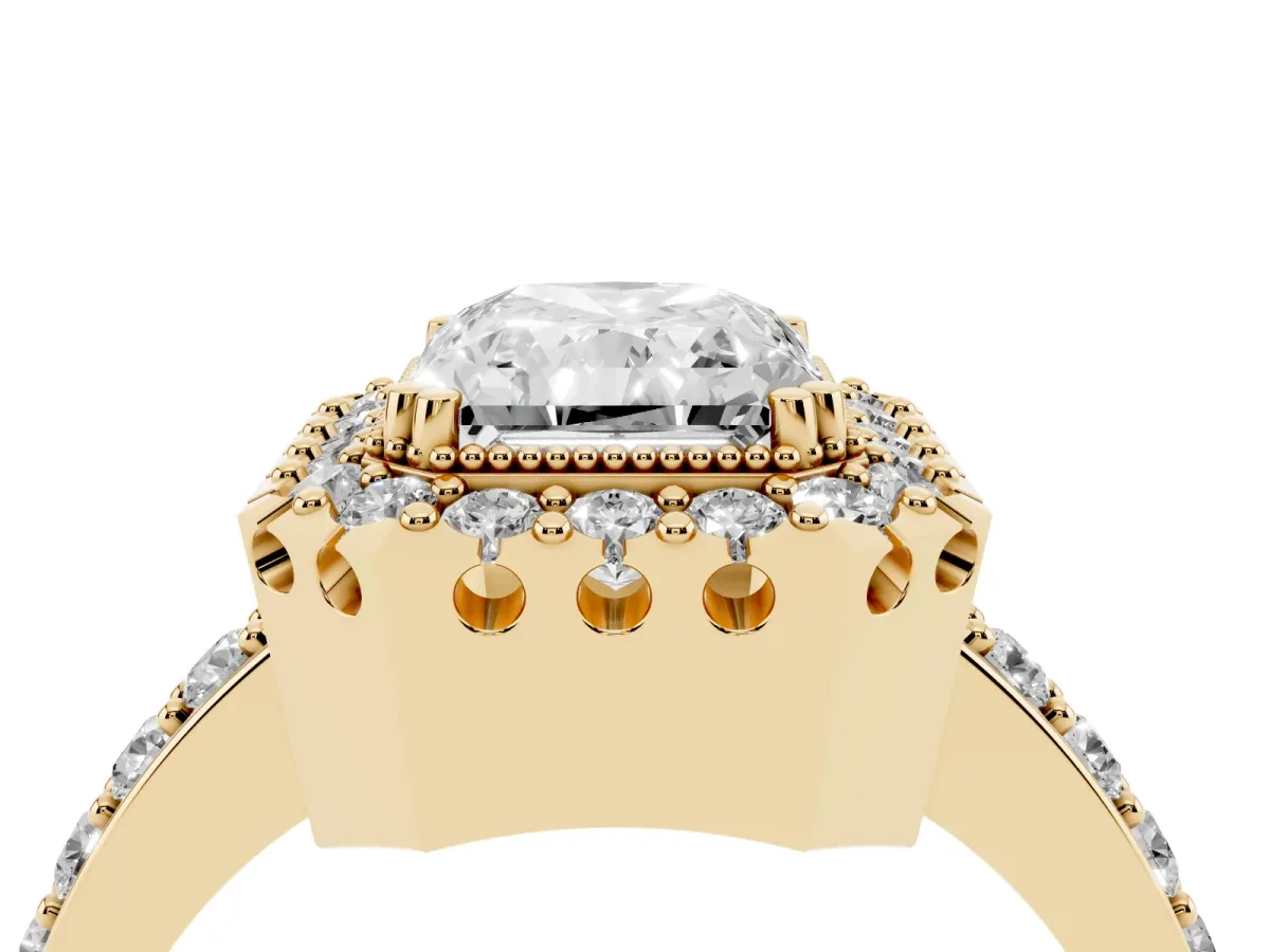 Radiant Cut Diamond Halo Ring with Pavé Band and Prong Setting Yellow gold