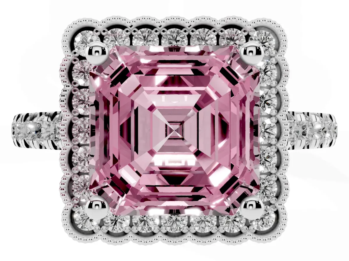 Fancy Pink Asscher Cut Cut Diamond Milgrain Floral Halo Engagement Ring with Pavé Band Silver
