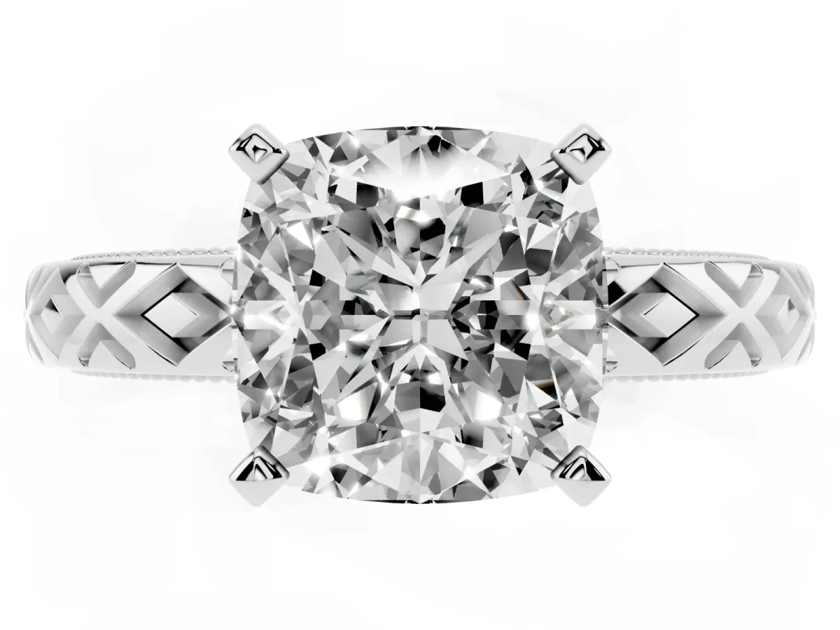 Cushion Cut Solitaire Diamond Ring with Milgrain and Black Enamel X Pattern Band Silver