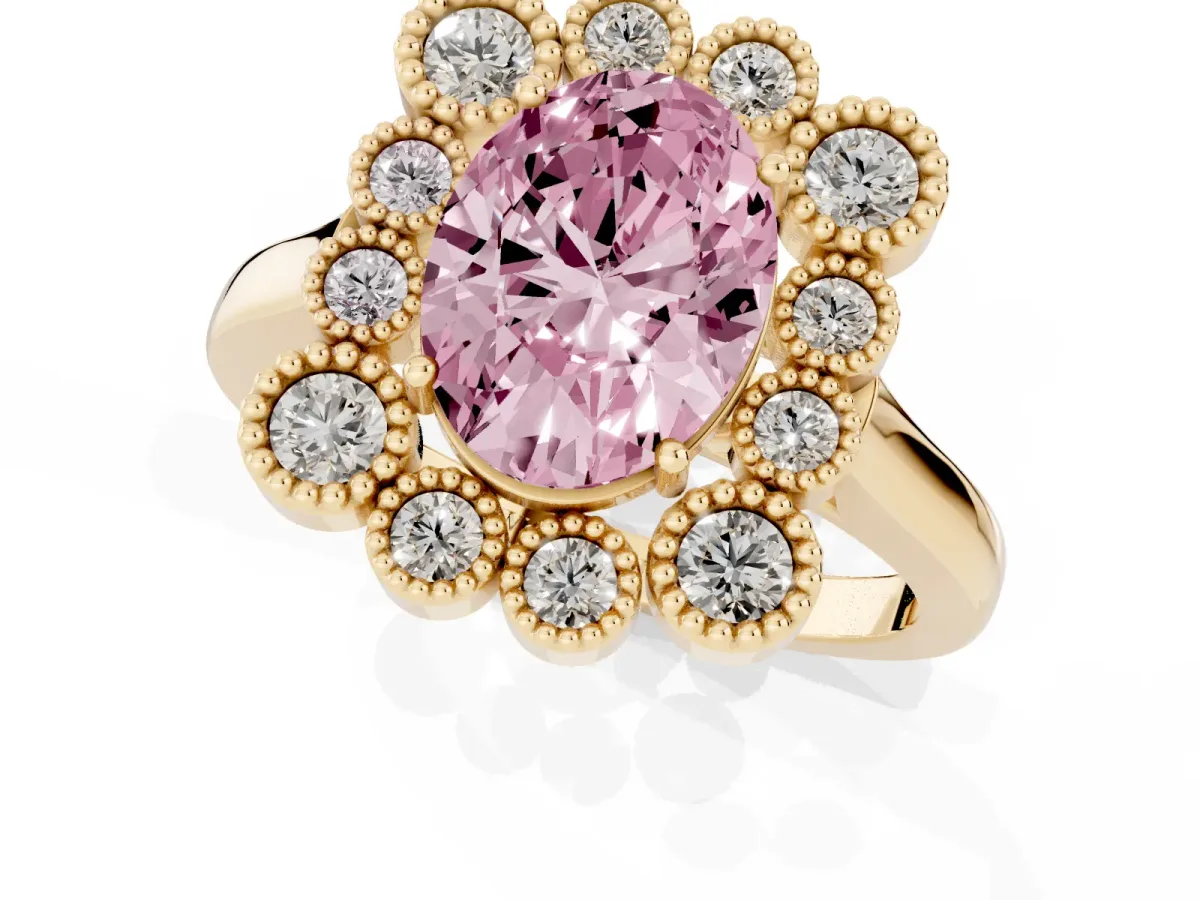 Fancy Pink Oval Cut Halo Diamond Cluster Engagement Ring with Milgrain Bezel Setting and Solitaire Band Yellow gold