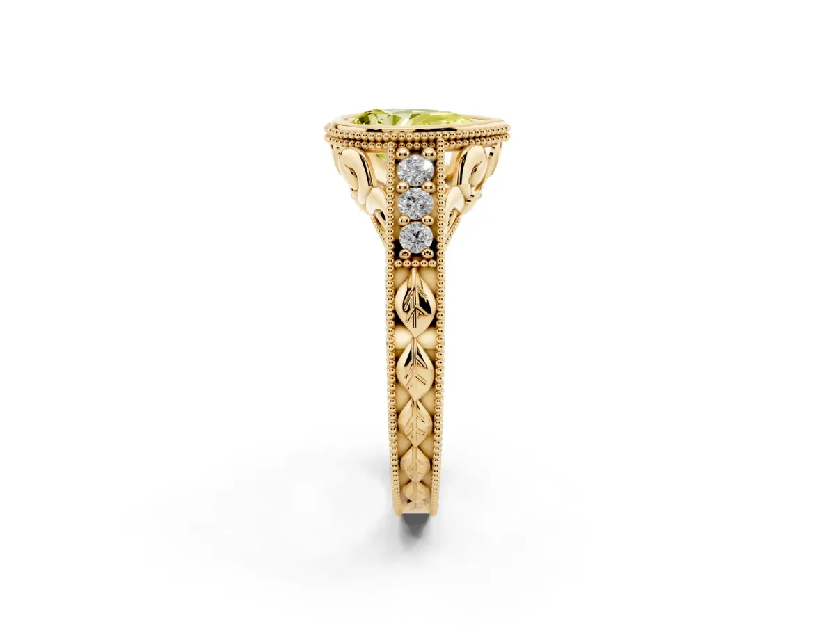 Fancy Yellow Bezel Set Pear Cut Diamond Milgrain Pave Engagement Ring Yellow gold