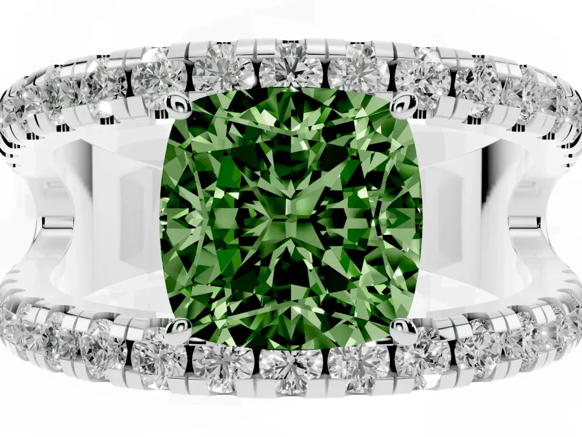 Fancy Green Cushion Cut Solitaire Split Shank Pave Diamond Ring Platinum