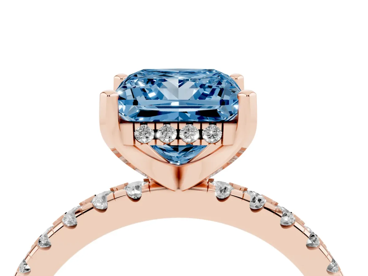 Fancy Blue Princess Cut Diamond Solitaire Ring with Round Pavé Band and Four-Prong Setting Rose gold