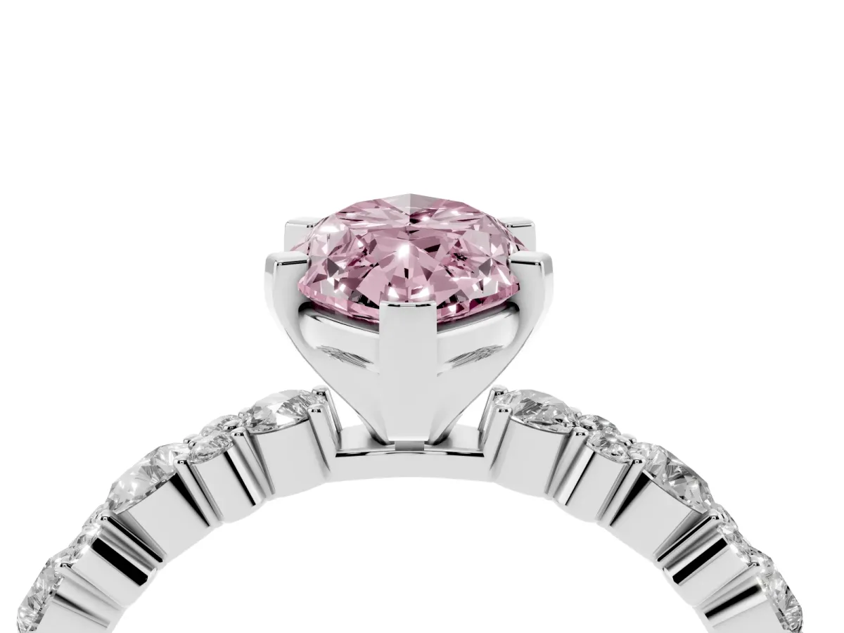 Fancy Pink Marquise Cut Diamond Side Stone Solitaire Ring with Round and Four-Prong Setting Platinum
