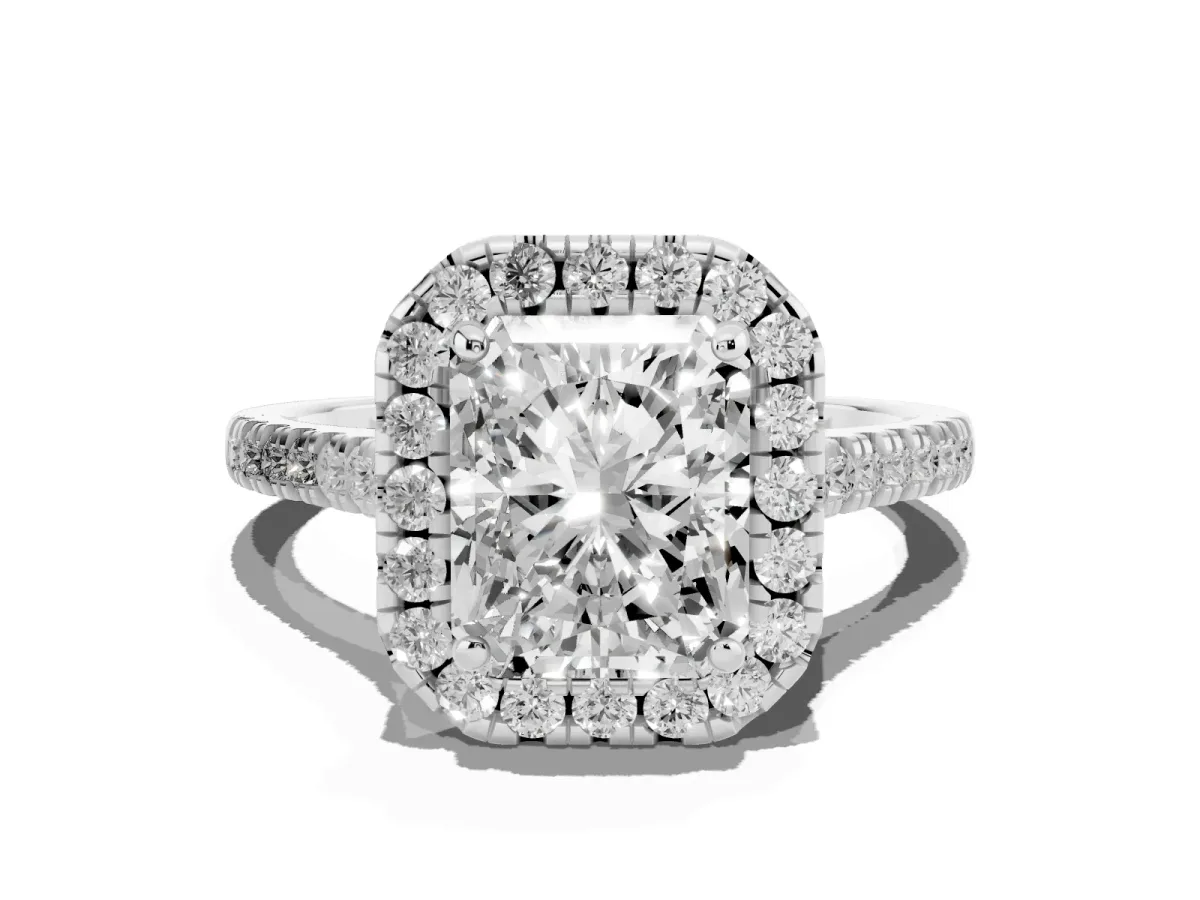 Radiant Cut Diamond Cushion Halo Ring with Pavé Band Silver