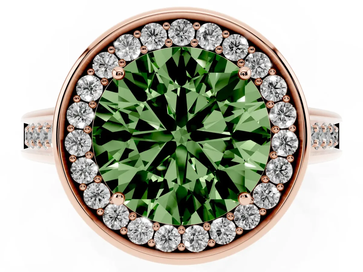 Fancy Green Round Cut Halo Solitaire Diamond Ring with Pave Band and Bezel Setting Rose gold
