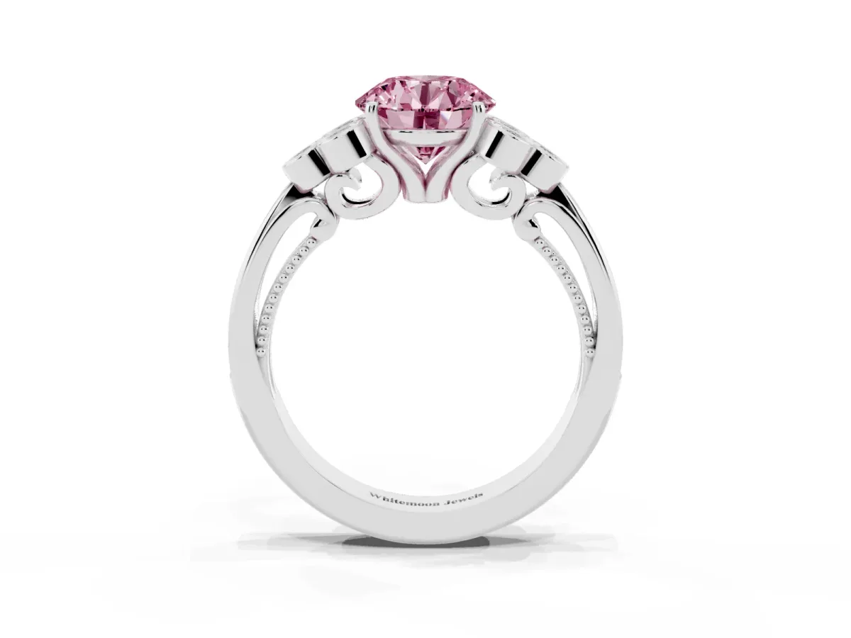 Fancy Pink Round Cut Cut Diamond Engagement Ring with Bezel Set Round Side Stones and Prong Setting Silver