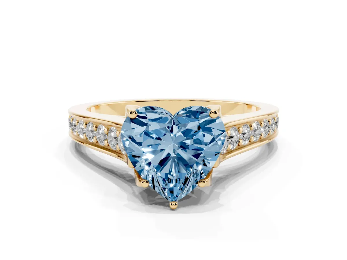 Fancy Blue Heart Cut Brilliant Cut Diamond Engagement Ring with Pavé Band and Four-Prong Setting Yellow gold