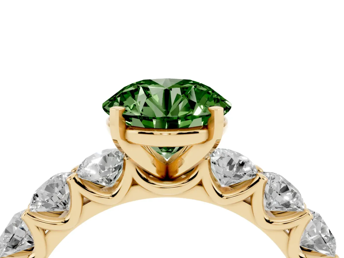 Fancy Green Round Cut Diamond Prong Setting with Side Stones on a Pave Band Yellow gold