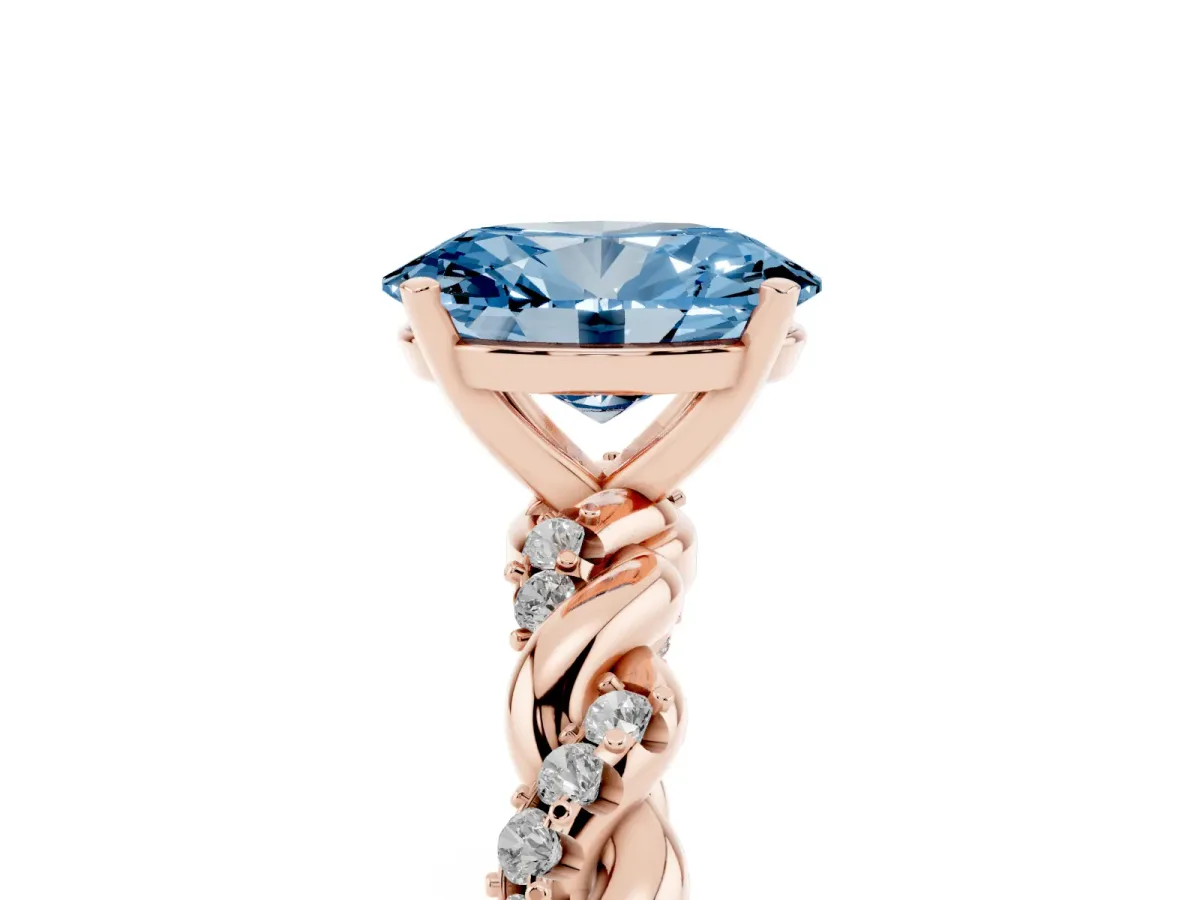 Fancy Blue Oval Cut Diamond Solitaire Ring with Twisted Band and Pavé Accents Rose gold