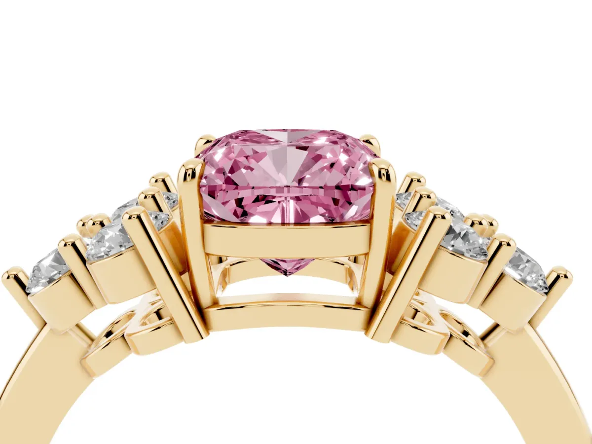 Fancy Pink Cushion Cut Brilliant Diamond Cluster Accent Solitaire Ring with Prong Setting Yellow gold