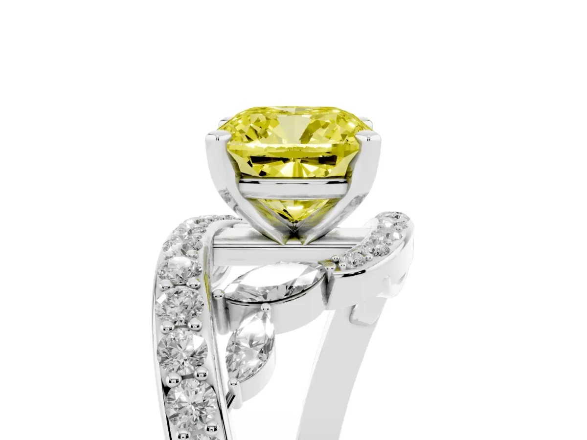 Fancy Yellow Cushion Cut Diamond Solitaire Ring with Filigree Band and Four-Prong Setting Silver