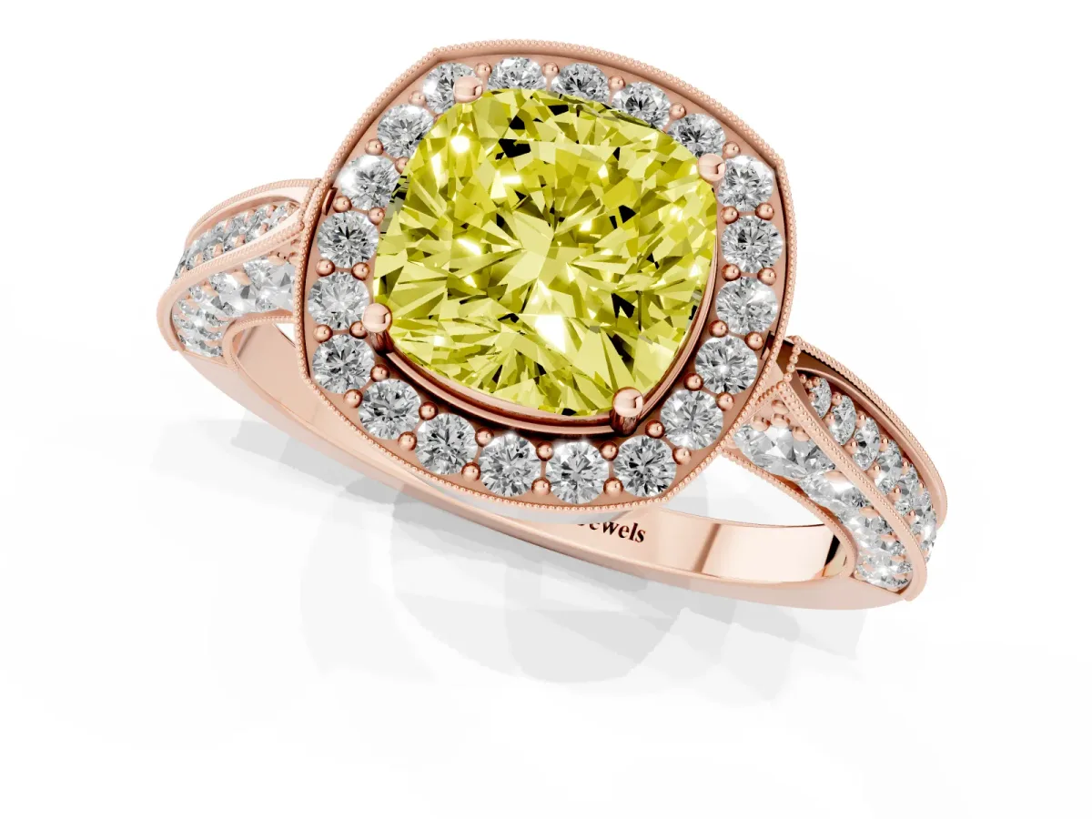 Fancy Yellow Cushion Cut Halo Diamond Engagement Ring with Split Shank Band and Four-Prong Setting Rose gold