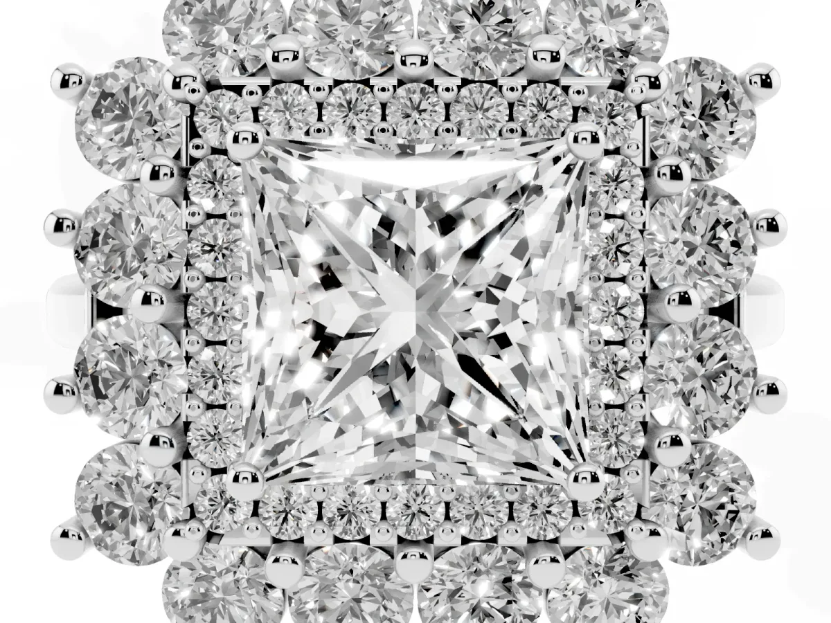 Princess Cut Diamond Floral Double Halo Engagement Ring with Prong Setting Silver