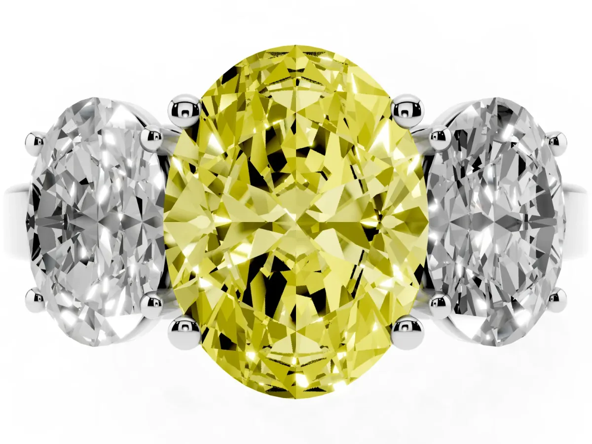 Fancy Yellow Three-Stone Oval Cut Cut Diamond Engagement Ring with Flat Band and Four-Prong Setting Silver