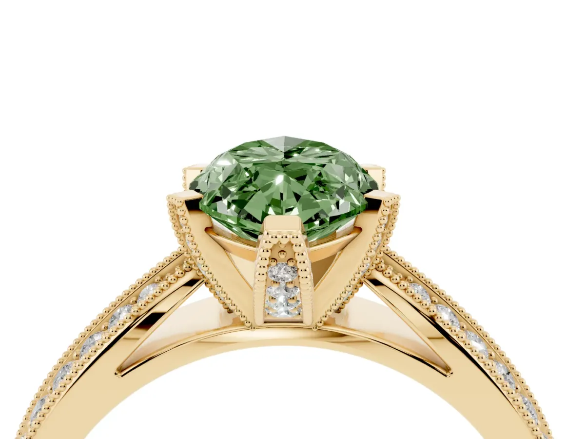 Fancy Green Marquise Cut Diamond Solitaire Ring with Milgrain Round Pavé Band and Prong Setting Yellow gold
