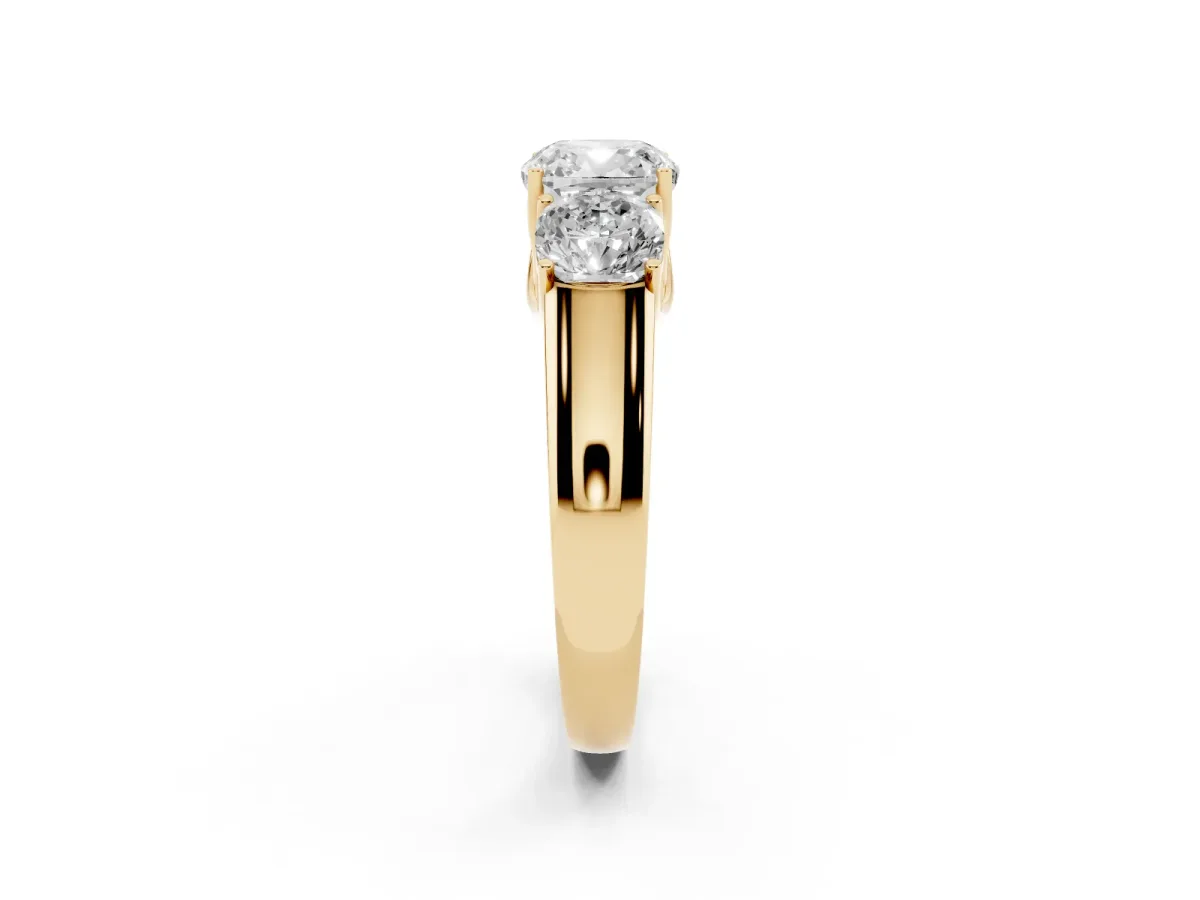 Three-Stone Cushion Cut Cut Diamond Ring with Prong Setting and Classic Band Yellow gold