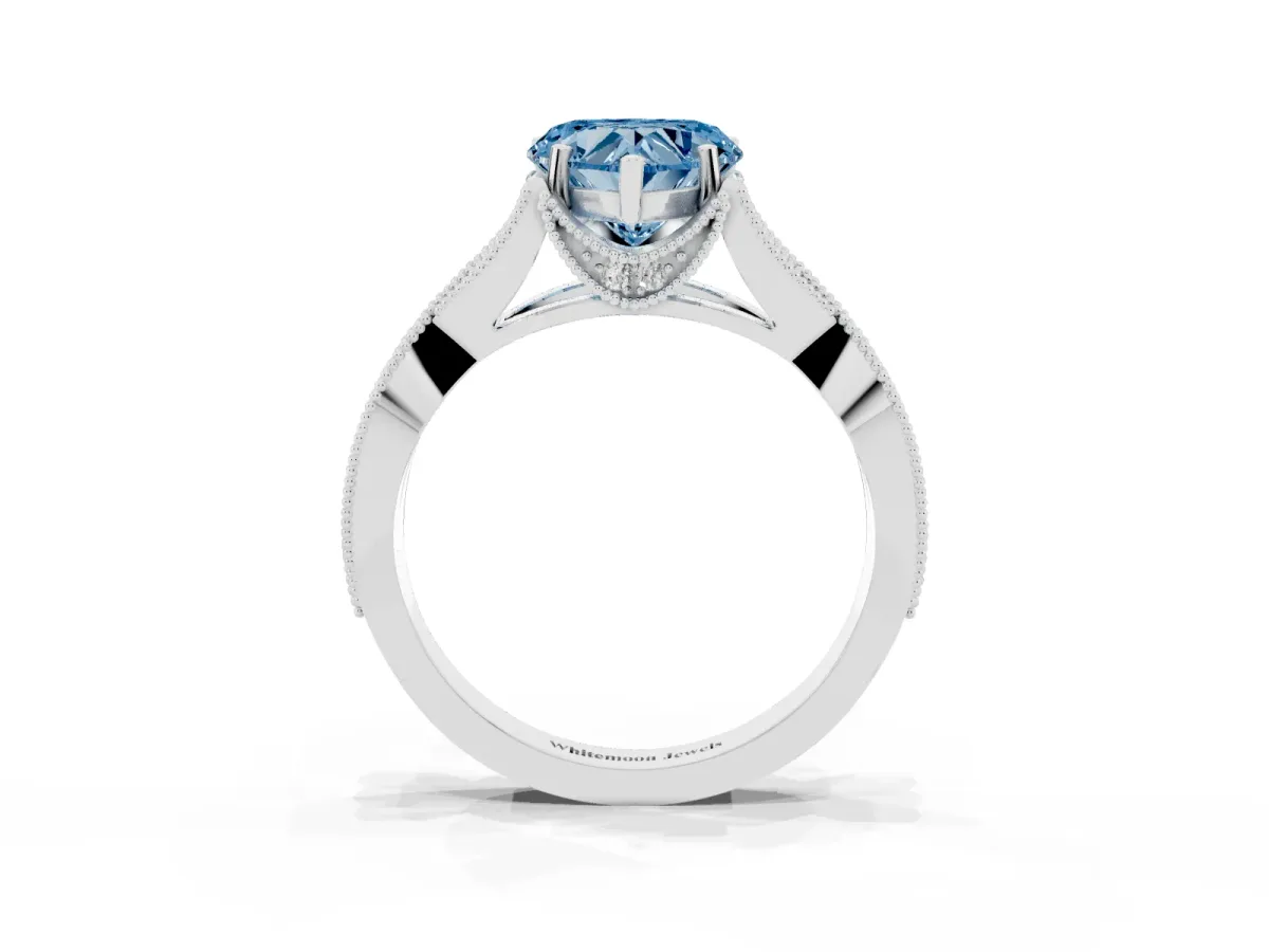Fancy Blue Heart Cut Cut Diamond Twisted Band with Milgrain Pave Setting and Four-Prong Setting Silver