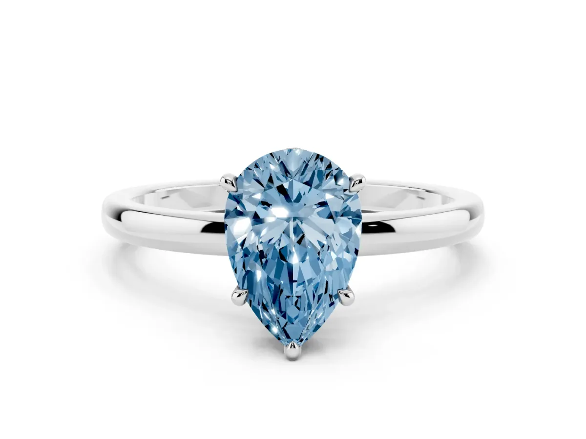 Fancy Blue Pear Cut Solitaire Engagement Ring with Cathedral Band and Four-Prong Setting White gold