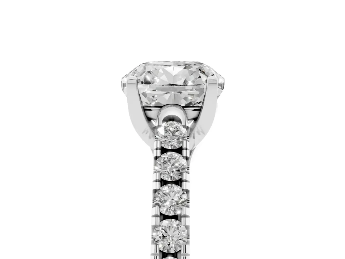 Cushion Cut Diamond Pavé Band Solitaire Ring with Prong Setting Platinum