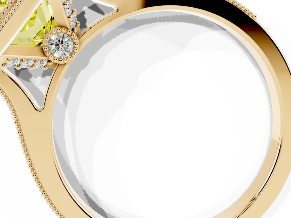 Fancy Yellow Halo Radiant Cut-Cut Diamond Pave Band Milgrain Prong Setting Ring Yellow gold