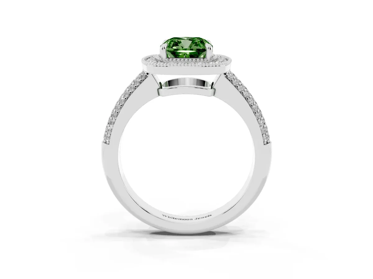 Fancy Green Cushion Cut Cut Halo Diamond Pave Band with Four-Prong Setting Silver