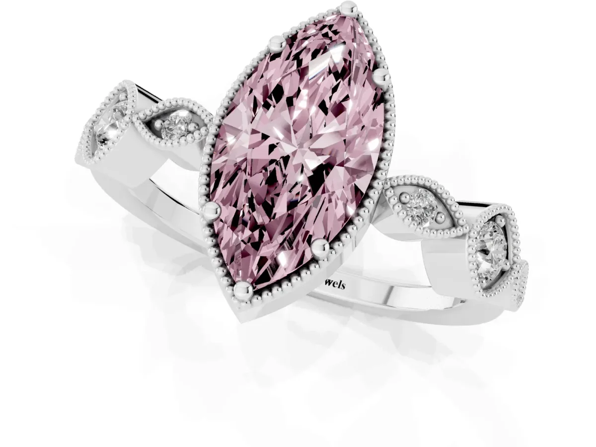 Fancy Pink Marquise Cut Diamond Vintage Milgrain Ring with Round Stations Silver