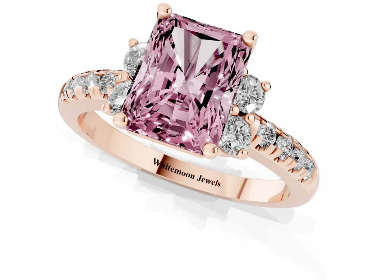 Fancy Pink Radiant Cut Diamond Three-Stone Pave Band with Four-Prong Setting Rose gold