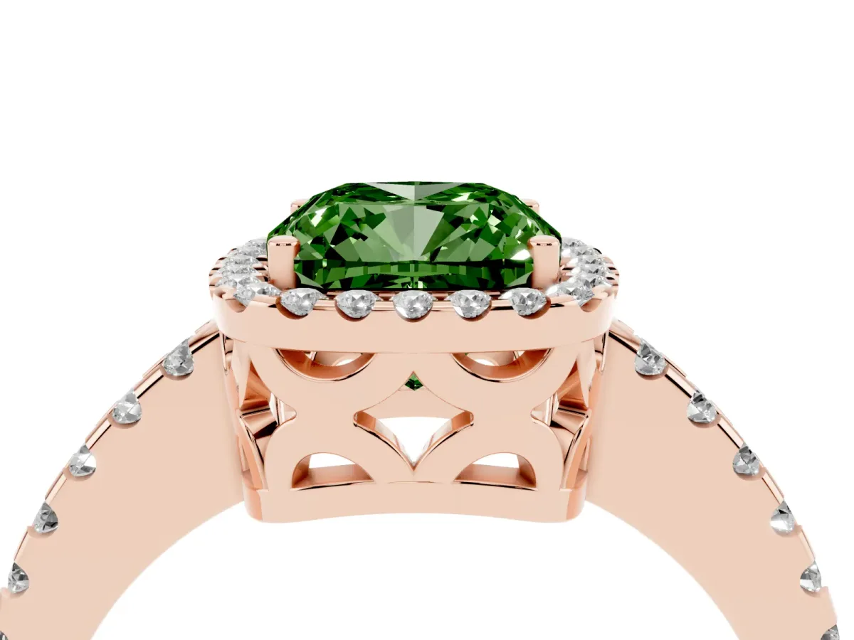 Fancy Green Cushion Cut Diamond Halo Engagement Ring with Pavé Band and Prong Setting Rose gold