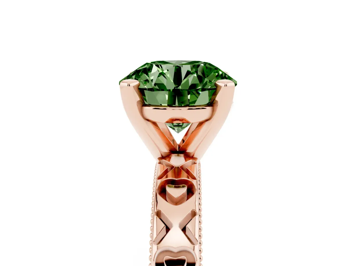Fancy Green Round Cut Solitaire Diamond Engagement Ring with XO Engraved Band and Four-Prong Setting Rose gold