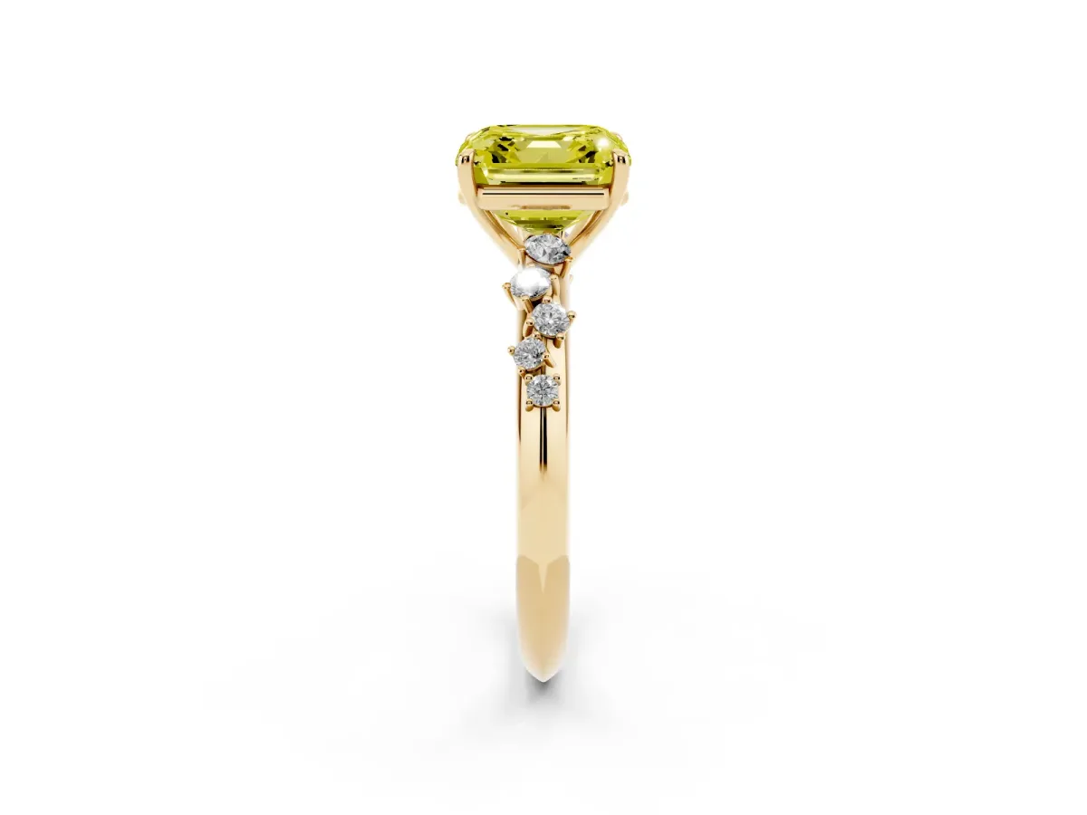 Fancy Yellow Asscher Cut Diamond Cluster Side Stone Solitaire Ring with Prong Setting Yellow gold