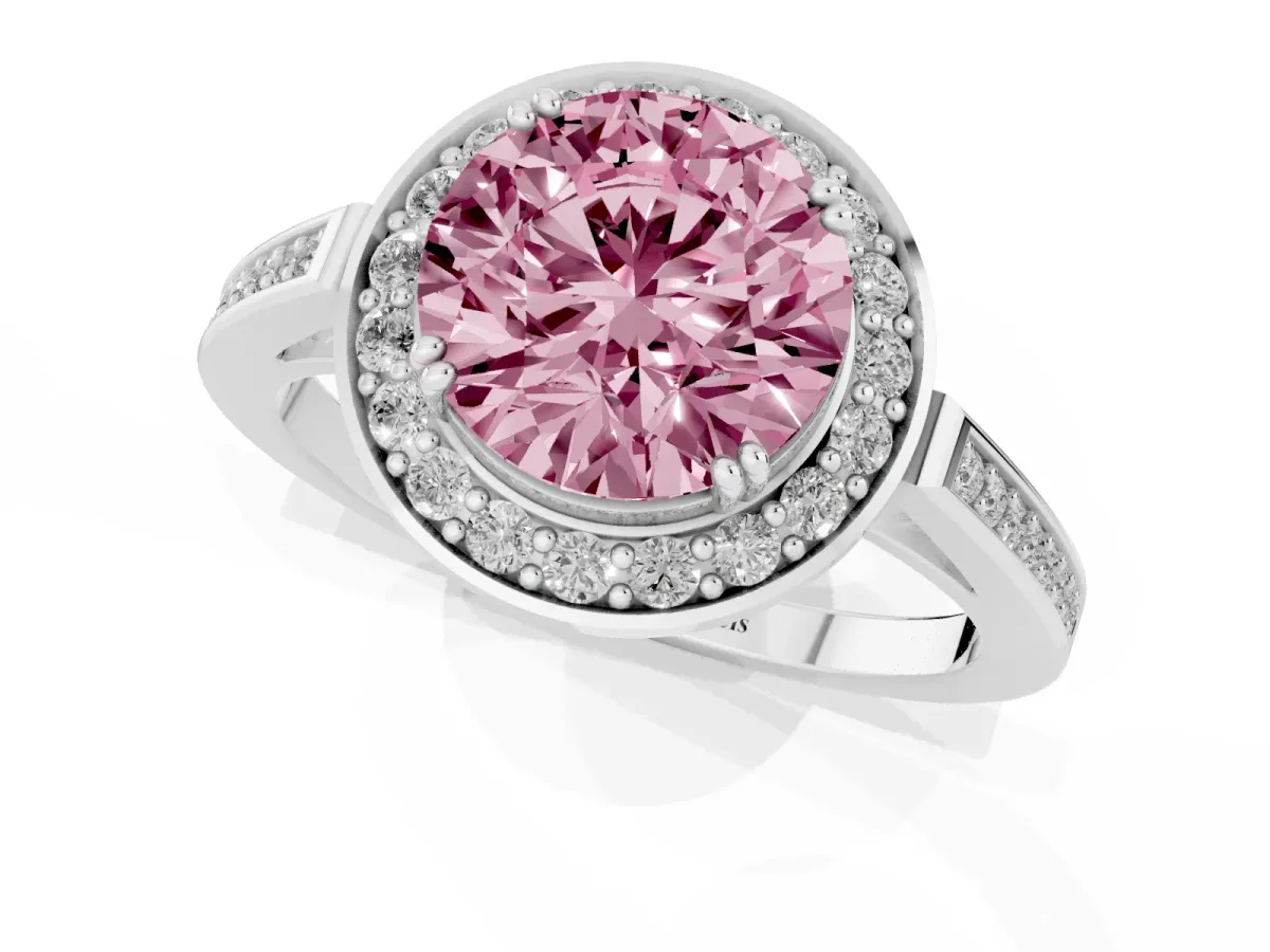 Fancy Pink Round Cut Diamond Halo Ring with Split Shank and Four-Prong Setting Platinum