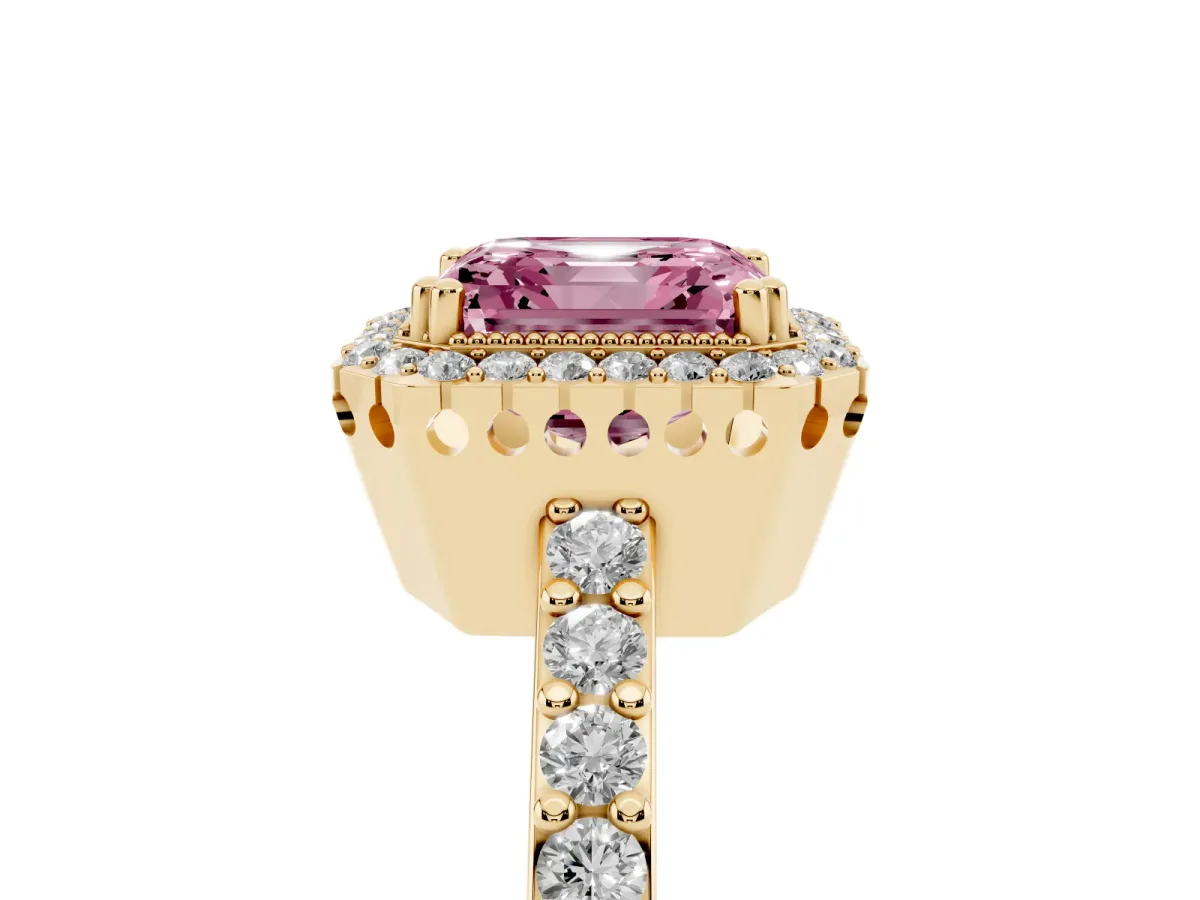 Fancy Pink Asscher Cut Cut Diamond Halo Engagement Ring with Milgrain Detail and Pavé Band Yellow gold
