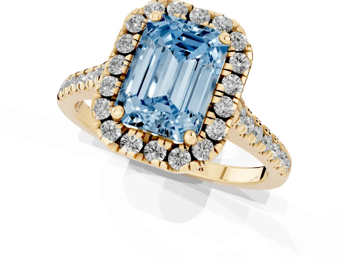 Fancy Blue Emerald Cut Diamond Cushion Halo Ring with Pavé Band Yellow gold
