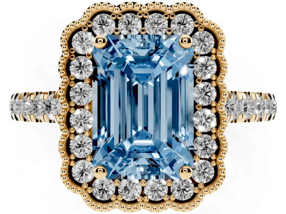 Fancy Blue Emerald Cut Cut Diamond Milgrain Floral Halo Engagement Ring with Pavé Band Yellow gold