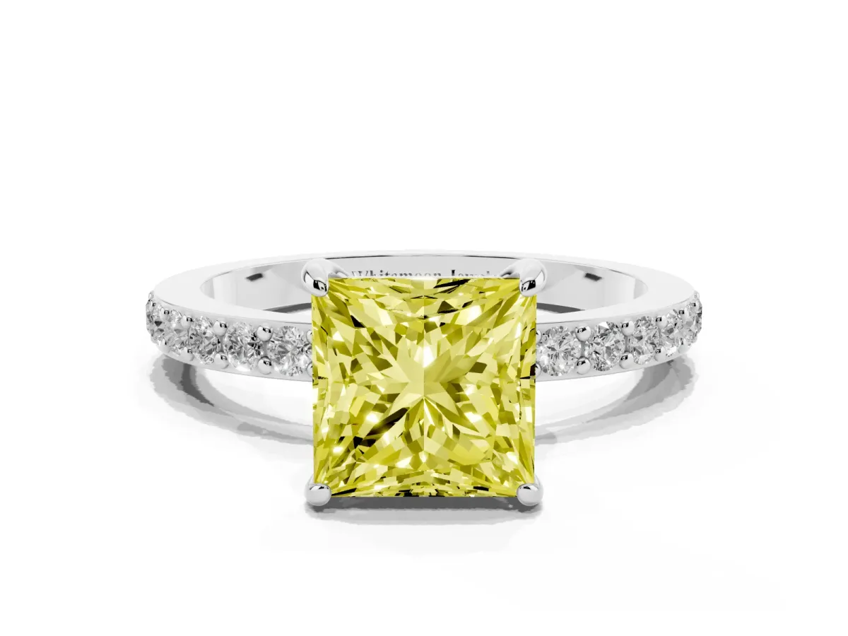 Fancy Yellow Princess Cut Diamond Pavé Engagement Ring with Round Accents and Prong Setting Silver